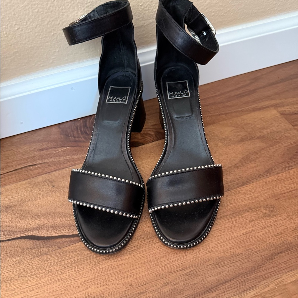 Milano Black Studded Ankle-Strap Block Heels